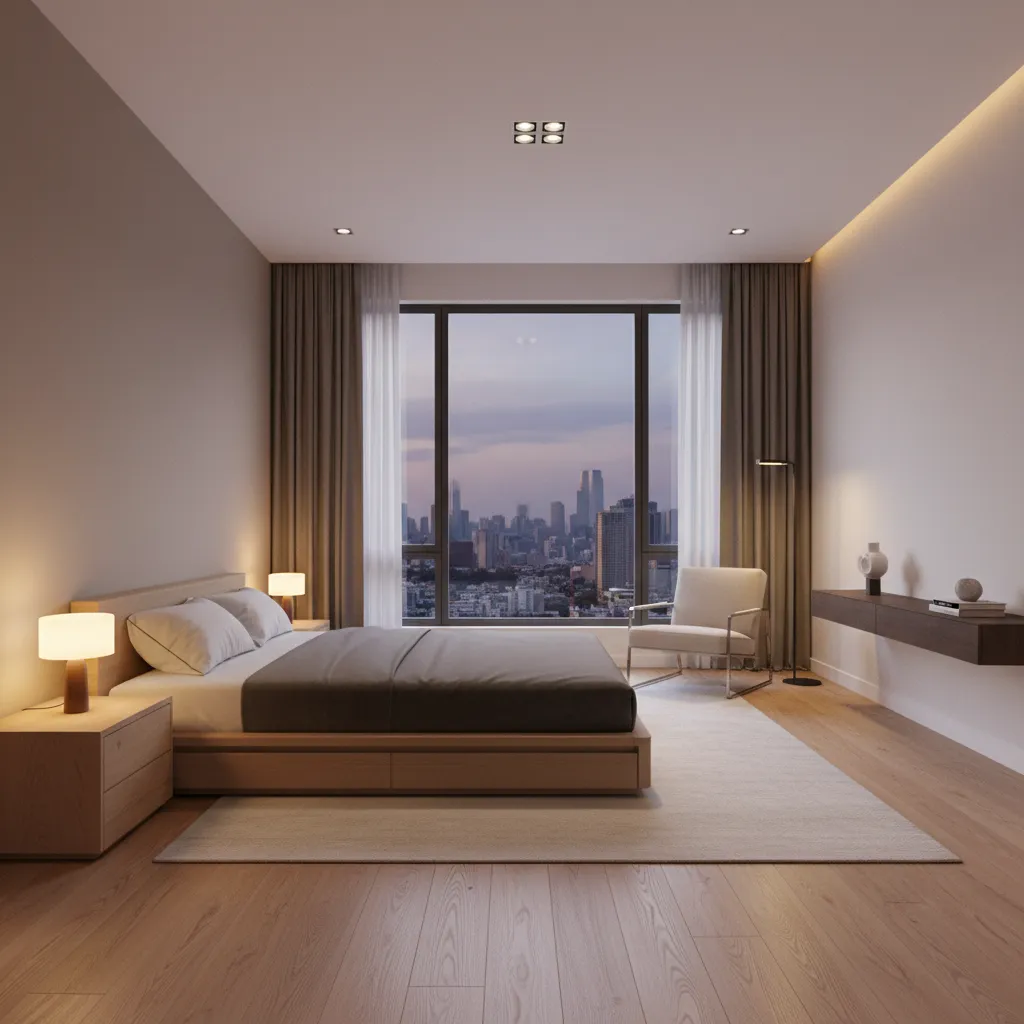 Minimalist bedroom design with city view window, wooden bed, grey rug, and warm bedside lights