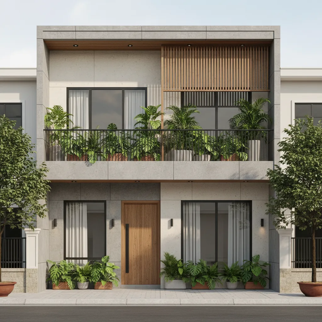 Modern two story house exterior with grey walls wooden front door balcony and green plants
