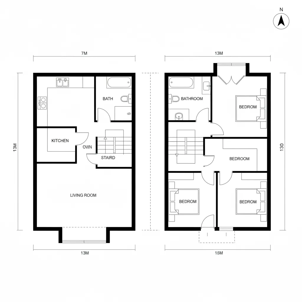 Two level house room layout showing kitchen living room stairs bathrooms and four bedrooms measurements
