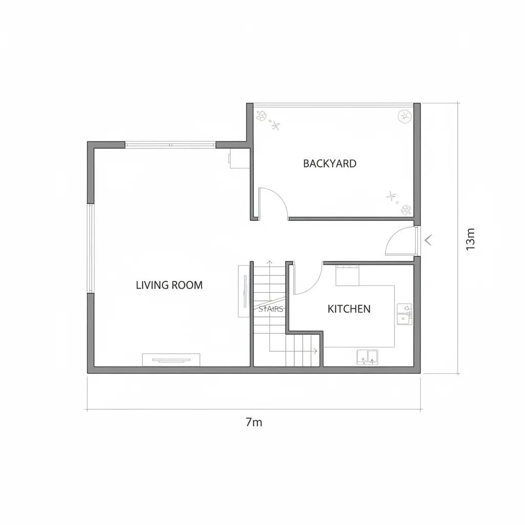 Two dimensional floor plan showing living room kitchen and backyard with dimensions seven by thirteen