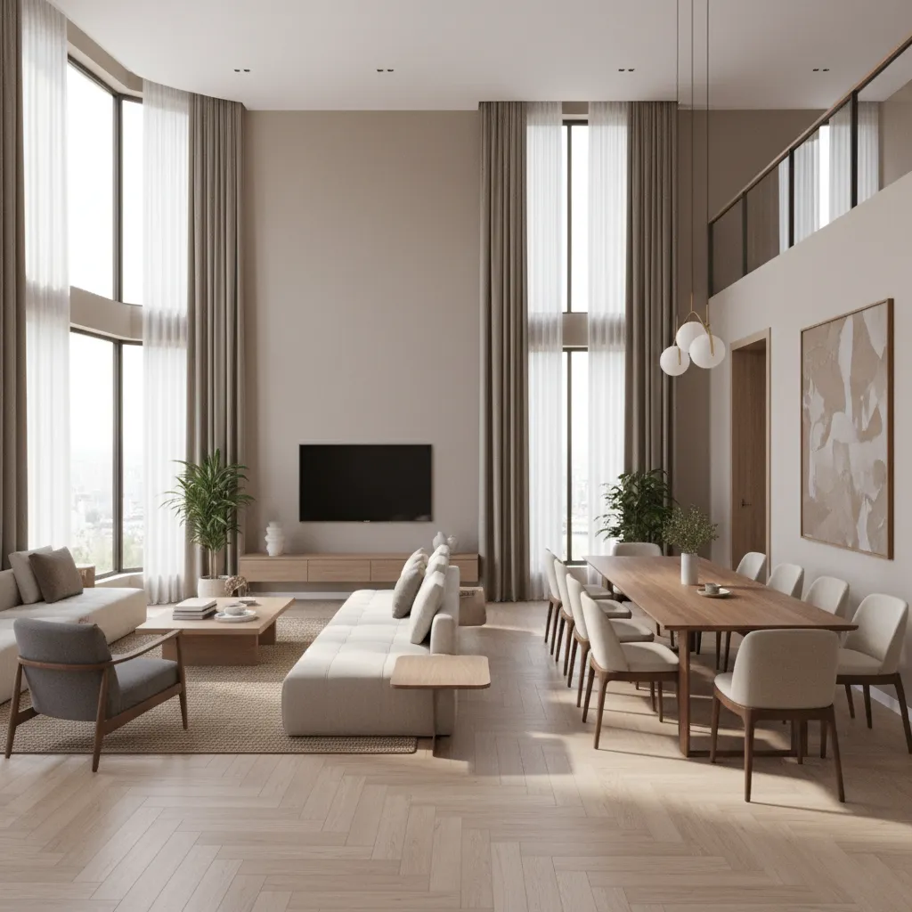Modern living room and dining area with sofas, wooden table, floor to ceiling curtains, windows