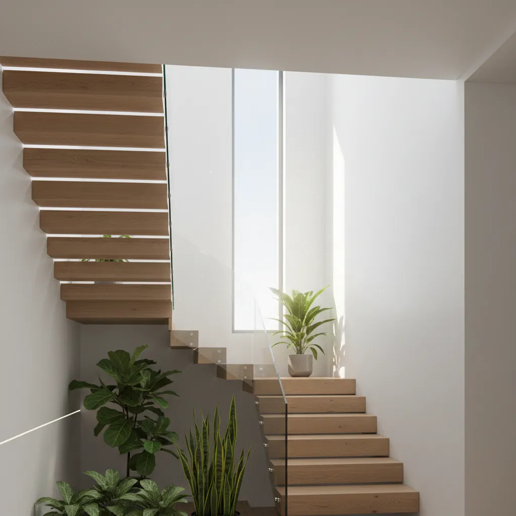 Wooden staircase with glass railing and green indoor plants next to a bright tall window