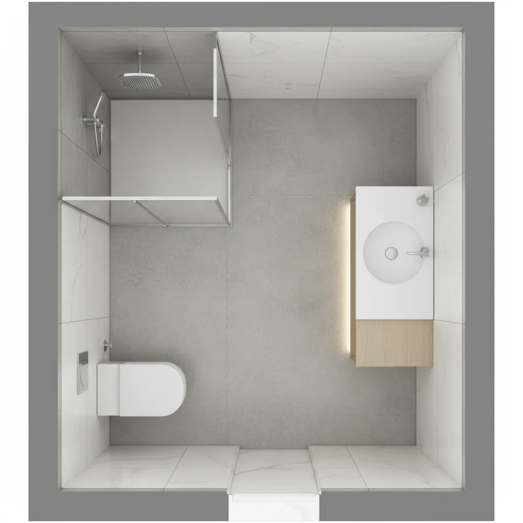 Top view floor plan showing compact 7x4 bathroom layout arrangement