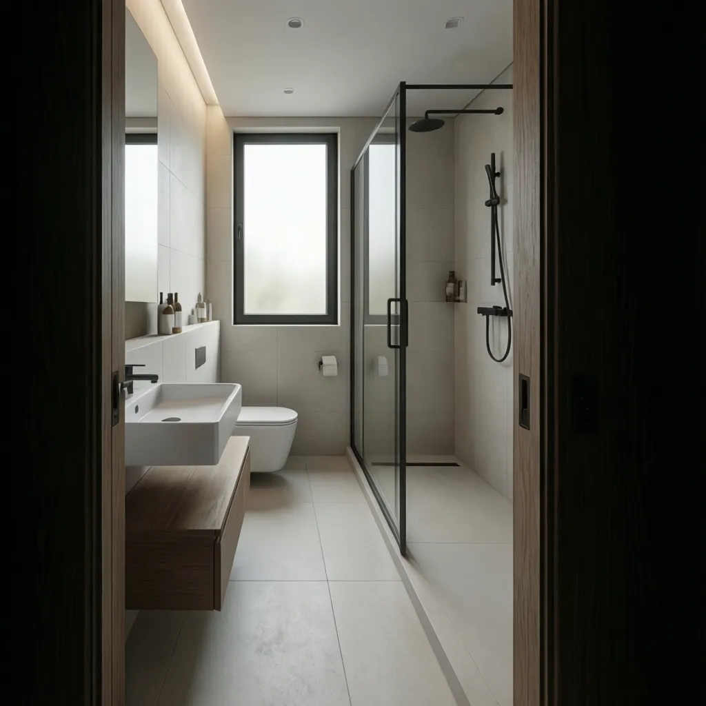 narrow 7x4 bathroom with linear arrangement of sink toilet and shower