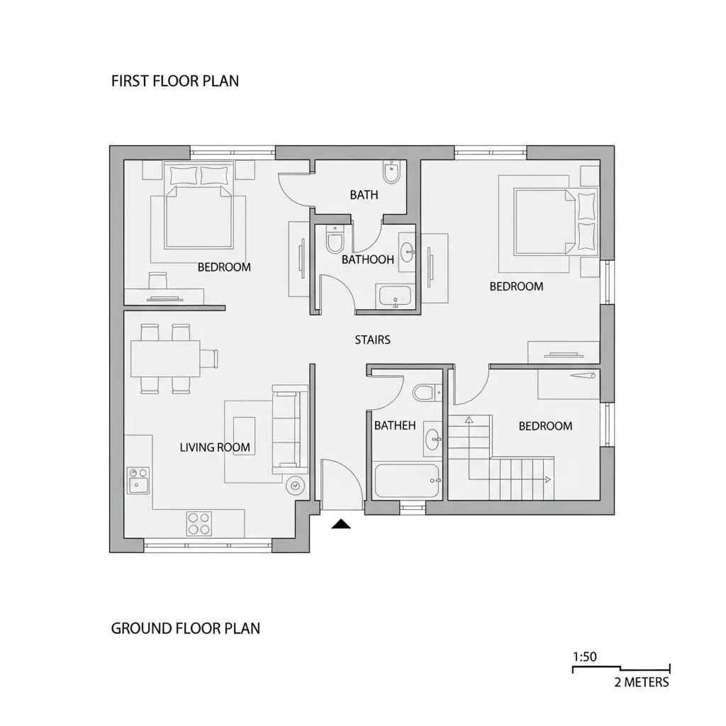 sơ đồ mặt bằng nhà 7x7m với cầu thang đặt lệch