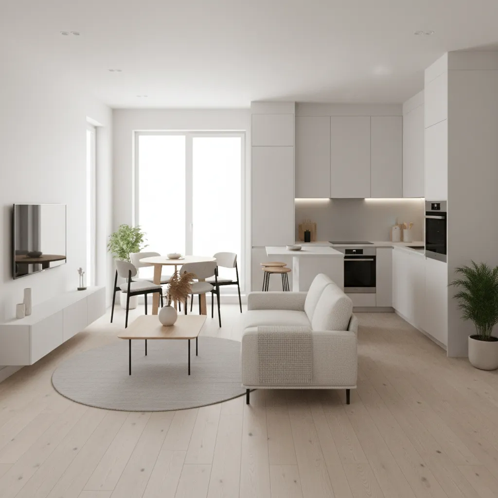 phòng khách nhà 7x7m thiết kế mở với bếp phía sau