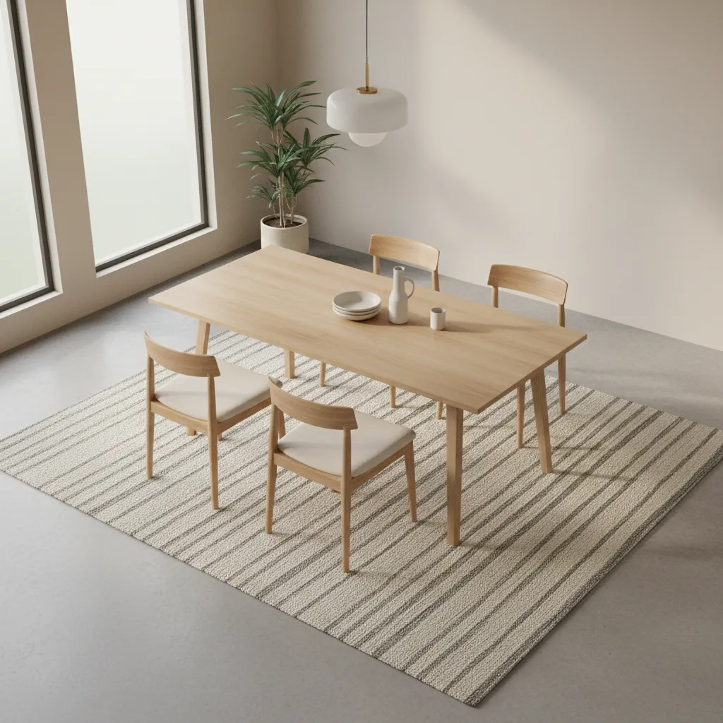 Dining table placed on a 7x9 rug with chairs fully on the rug