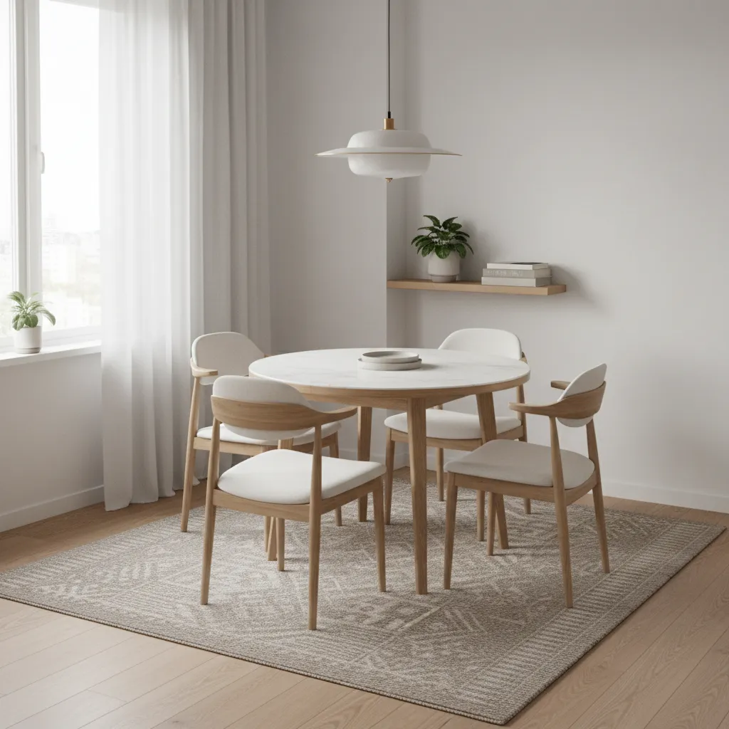 Small dining room with four seat table placed on a 7x9 rug