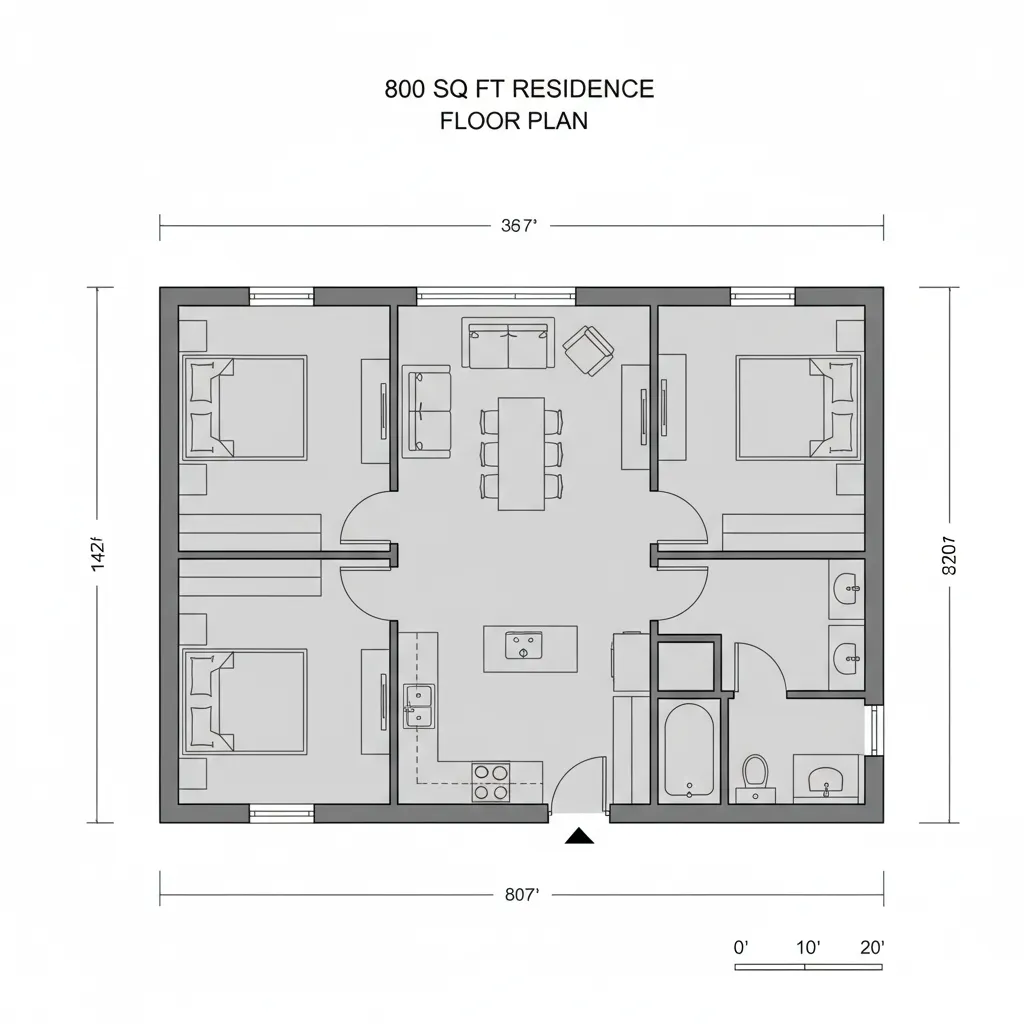 example floor plan of an 800 sq ft house with two bedrooms