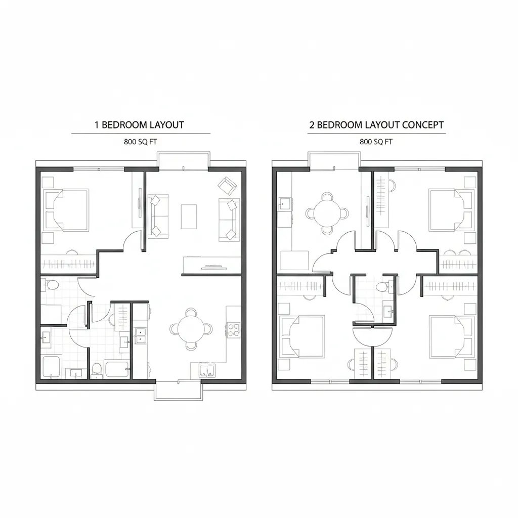 800 Sq Ft House Layout Comparison 1 Bedroom vs 2 Bedroom Floor Plans