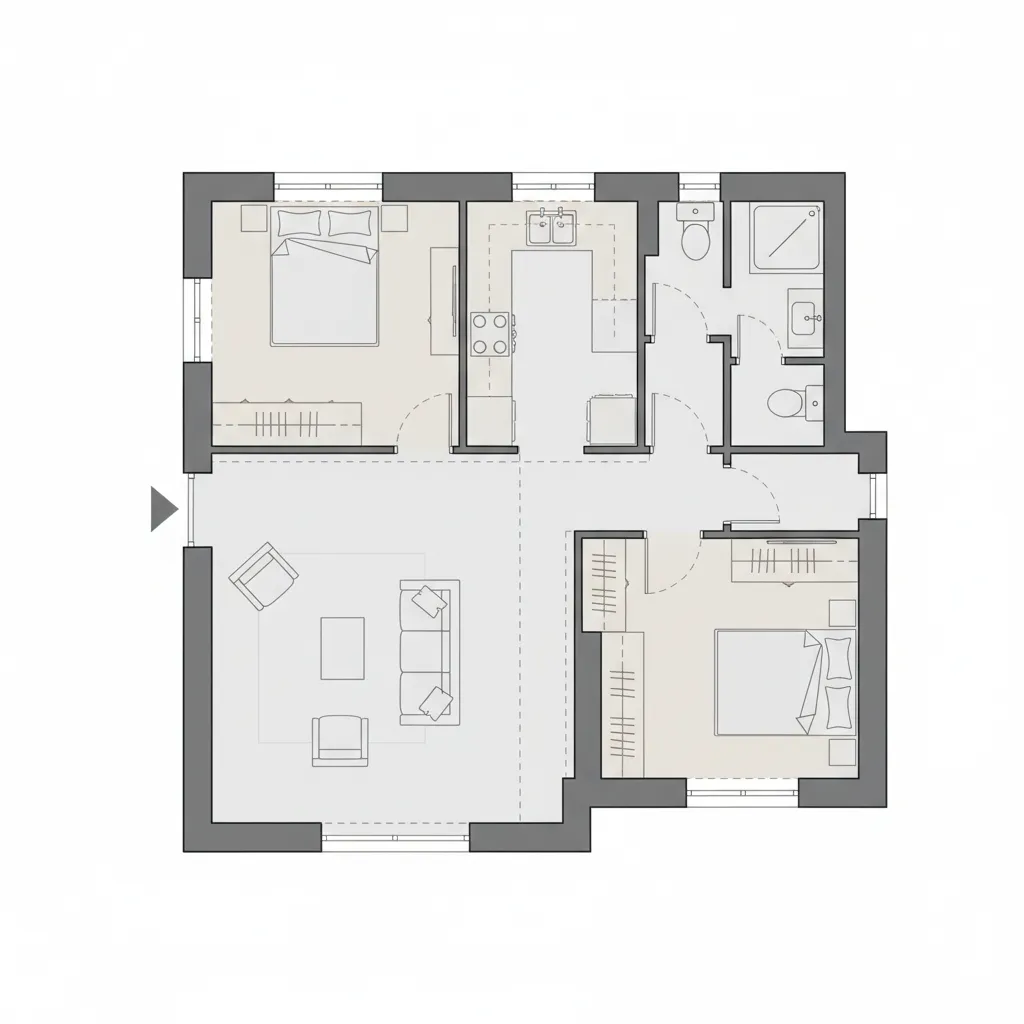 Two bedroom apartment floor plan layout showing kitchen living room two bathrooms and bedroom furniture