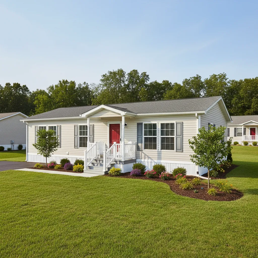 modern 800 sq ft manufactured mobile home exterior with porch