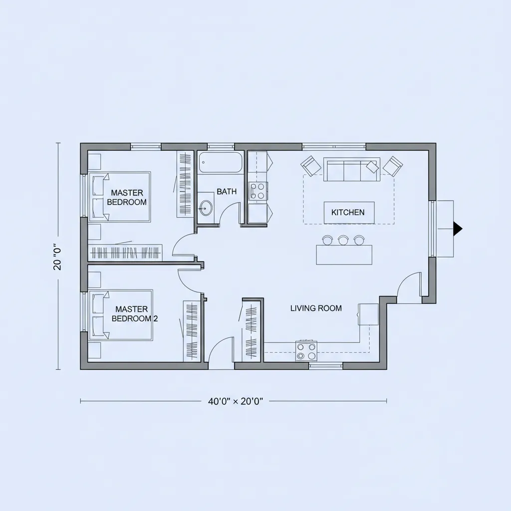 Simple floor plan layout of an 800 sq ft mobile home with two bedrooms
