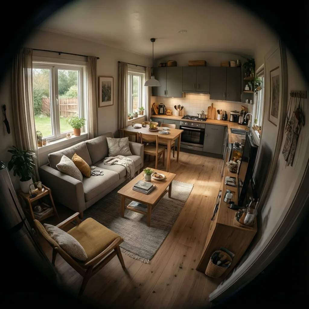 Open living room and kitchen inside an 800 sq ft manufactured home