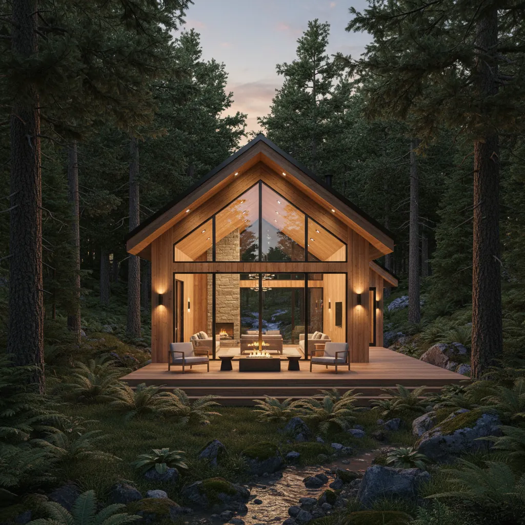 Small mountain cabin around 800 sq ft with large windows
