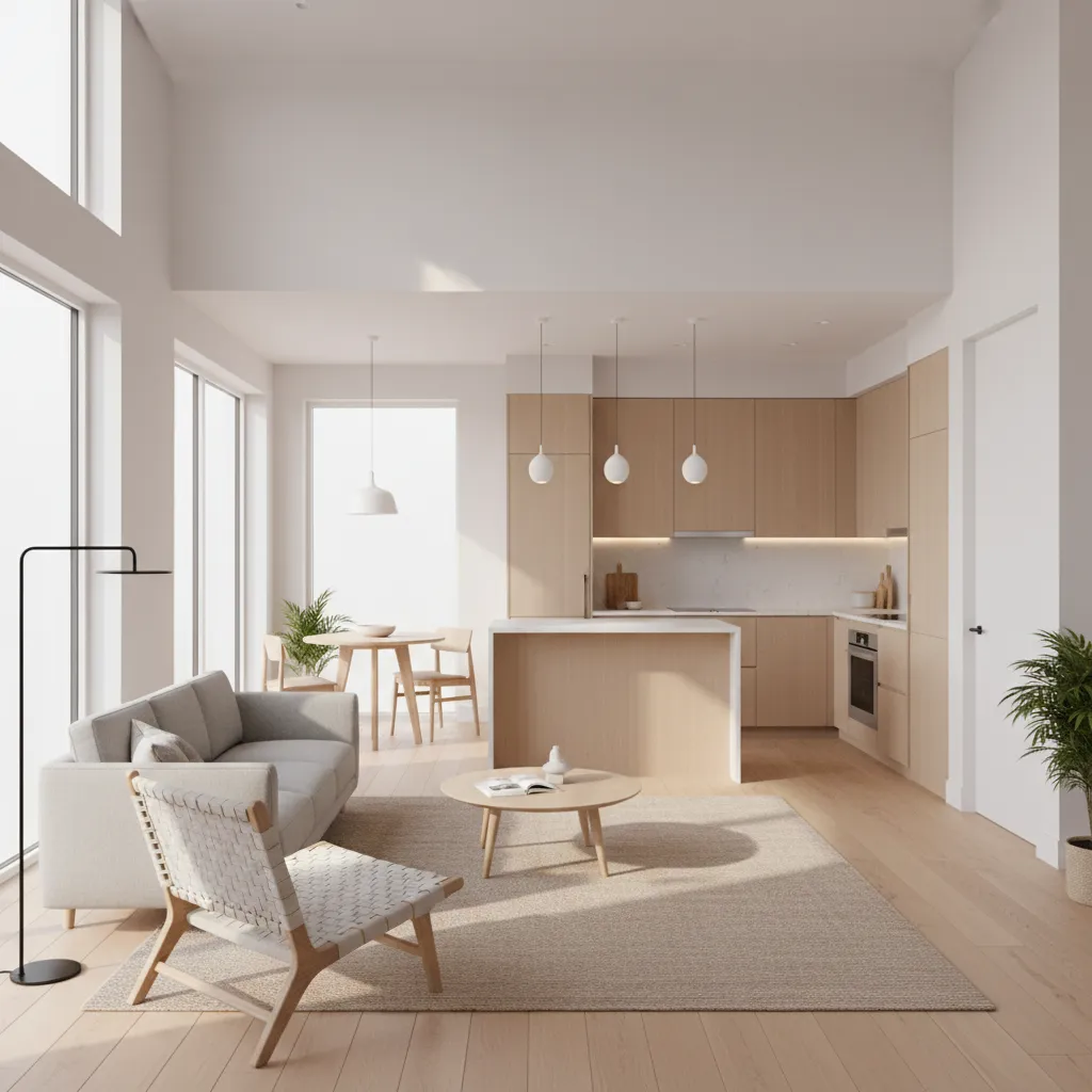 Open living room and kitchen inside an 800 sq ft house