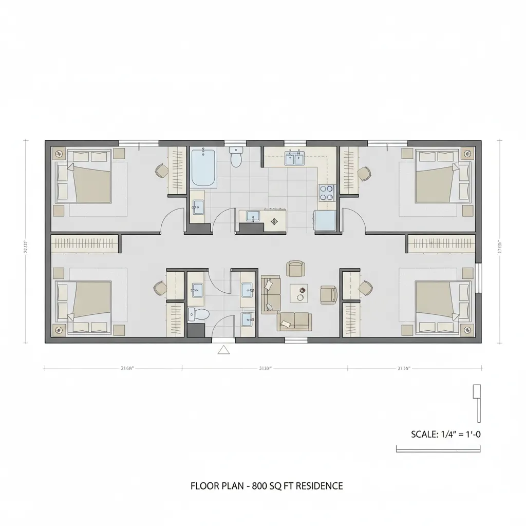 2 bedroom 800 sq ft house floor plan with compact living space
