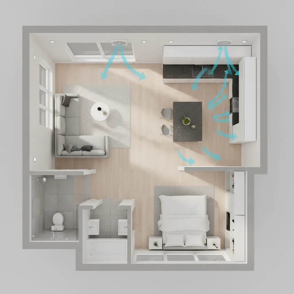 Example layout of an 800 sq ft apartment showing airflow and cooling zones