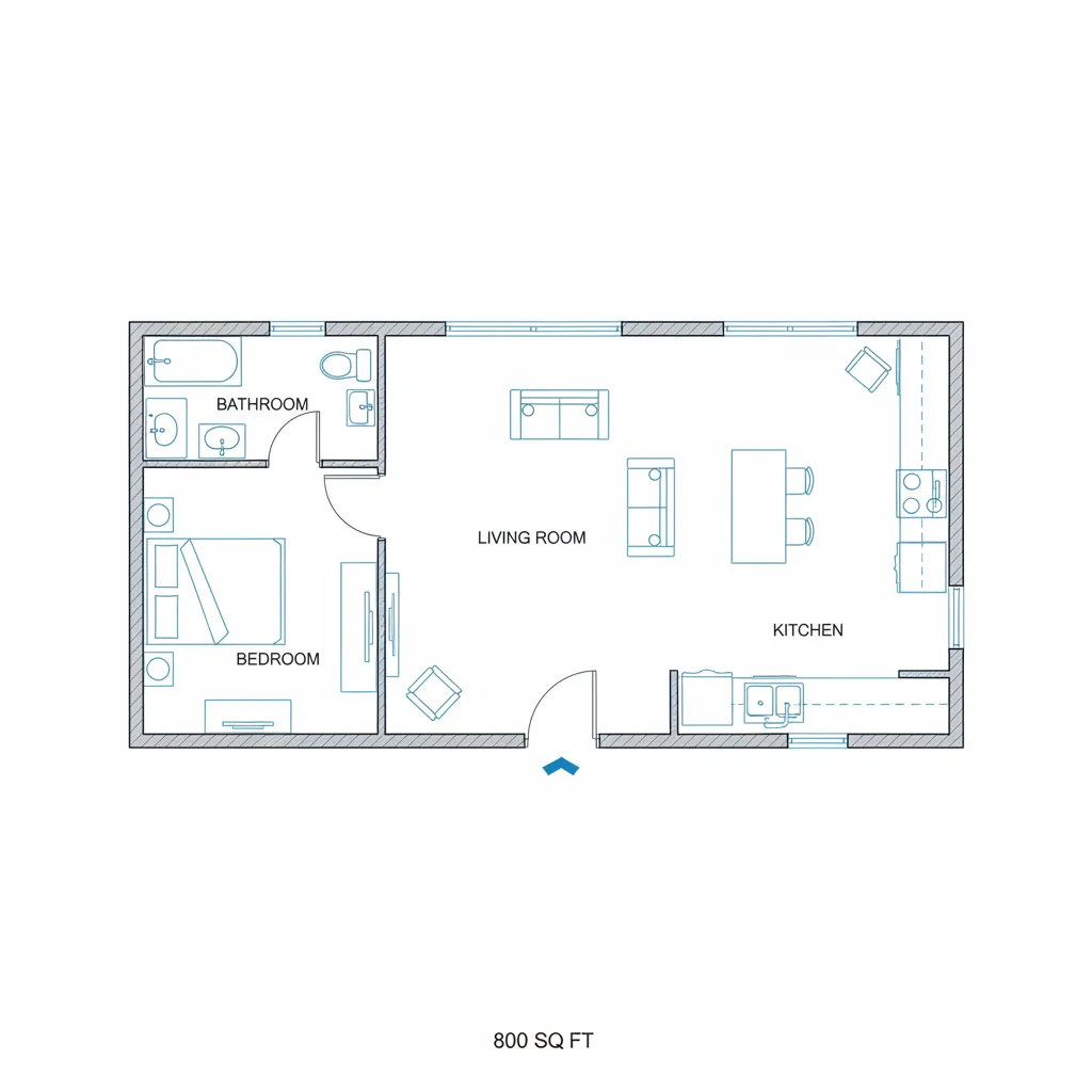 floor plan layout of an 800 square foot mobile home with living room kitchen bedroom and bathroom