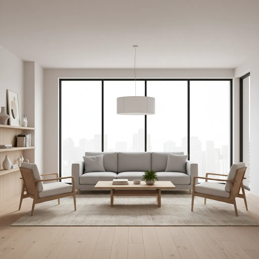 Minimalist living room with grey sofa wooden chairs coffee table rug windows and ceiling light