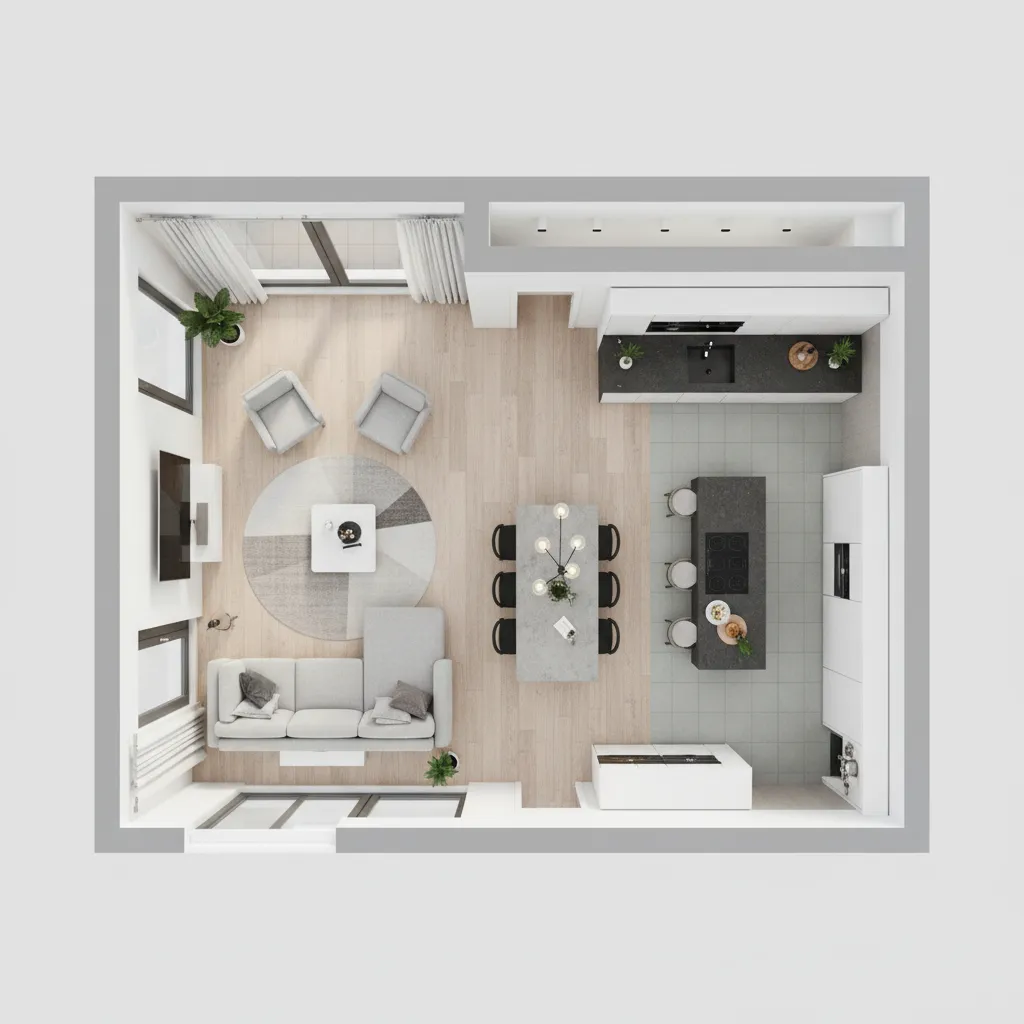 Coohom interior design drawing of apartment room layout showing kitchen dining table sofa and floor