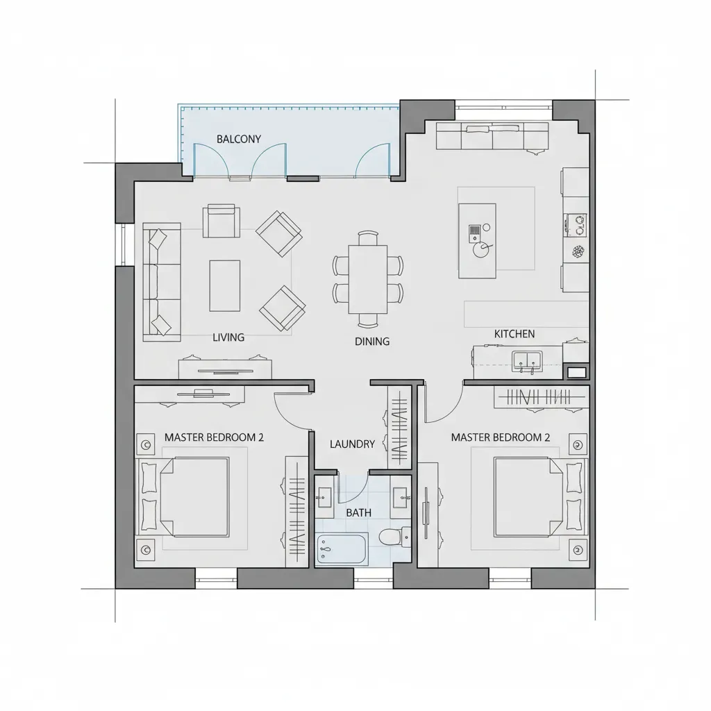 Plano de distribución de una casa de 80 metros cuadrados con dos dormitorios