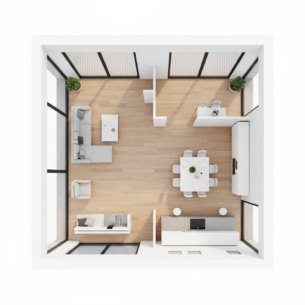 Plano interior abierto de una casa de 80 metros cuadrados