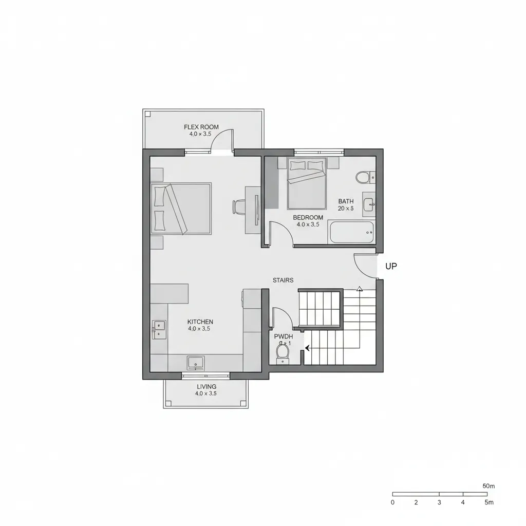 Black and white interior design drawing showing kitchen, bedroom, bathroom, stairs, and living area layout