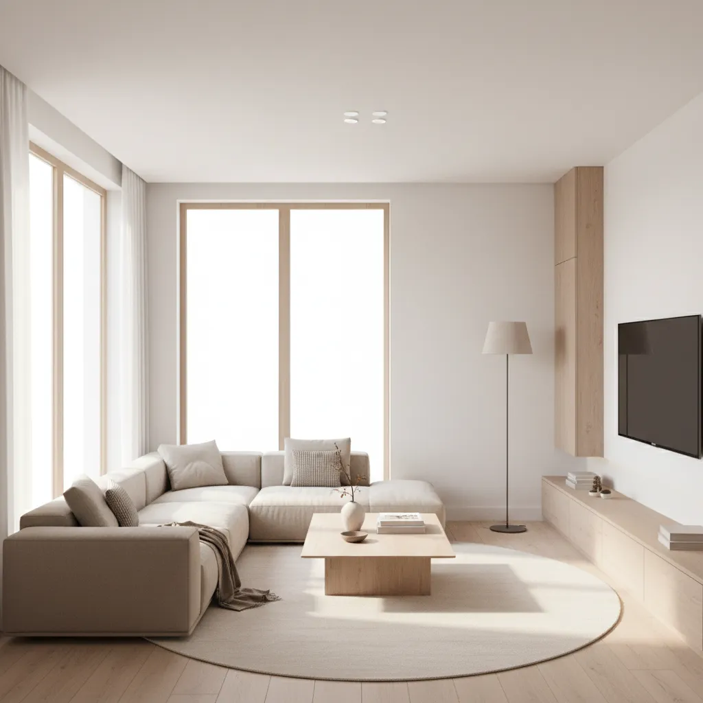 Minimalist living room featuring beige sofa, wooden coffee table, floor lamp, and television on cabinet
