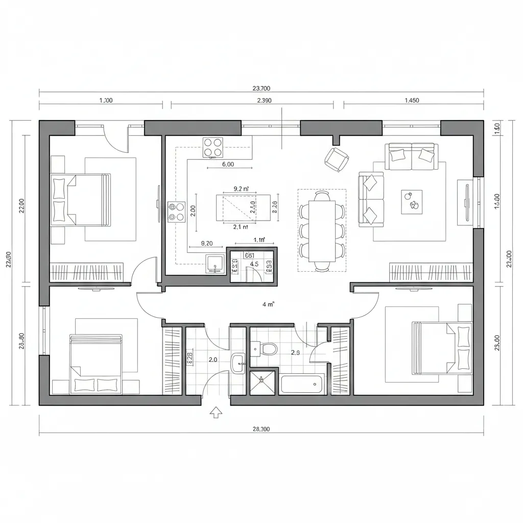 Top-down CAD plan of an 82 m² split-core two-bedroom with dual-thread circulation