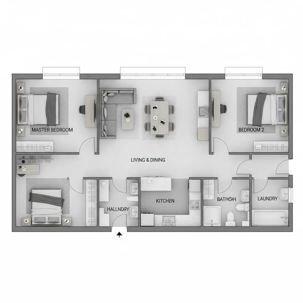 House floor plan drawing with master bedroom second bedroom kitchen living area and laundry room