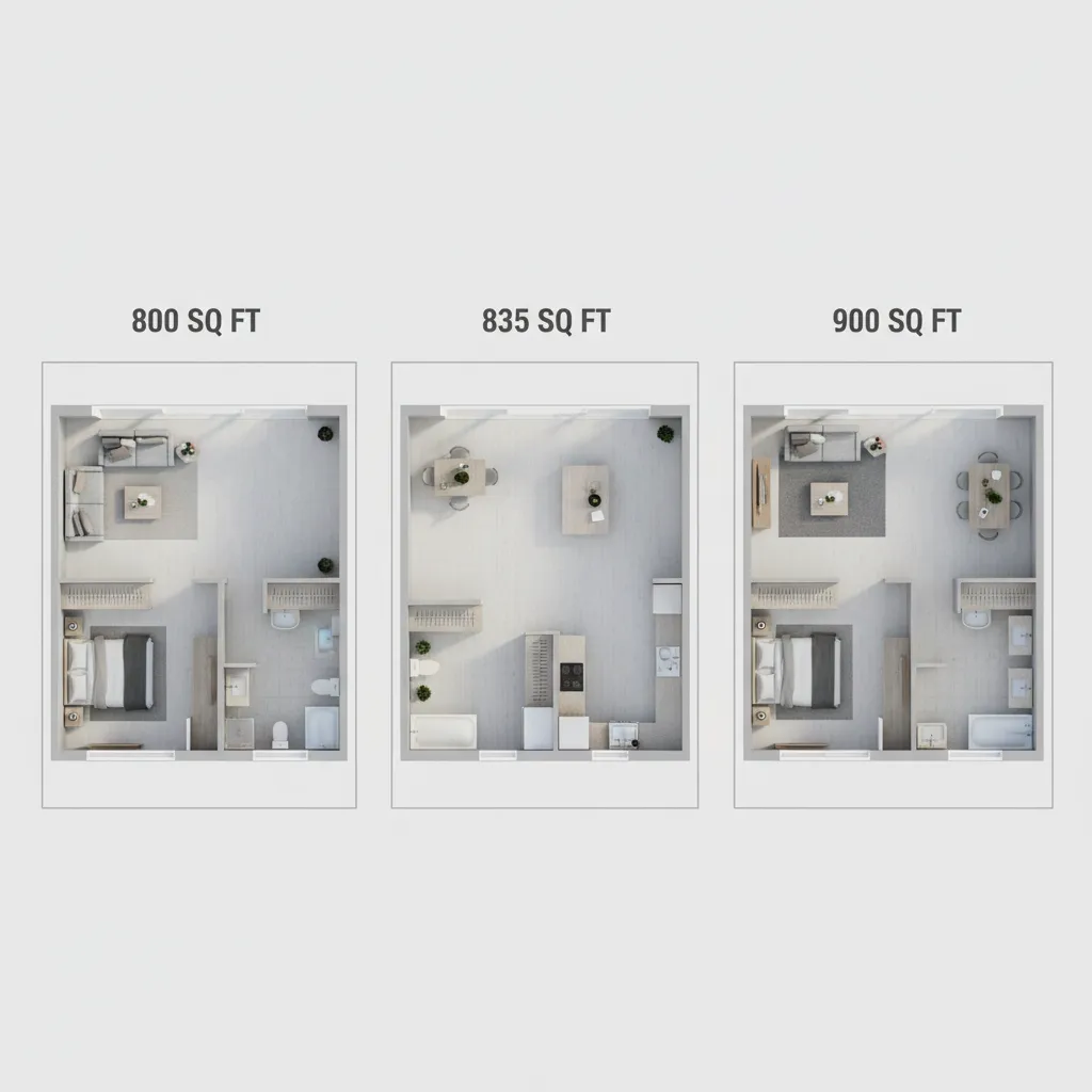 Comparison of three apartment floor plan sizes showing different room layouts in square feet measurements