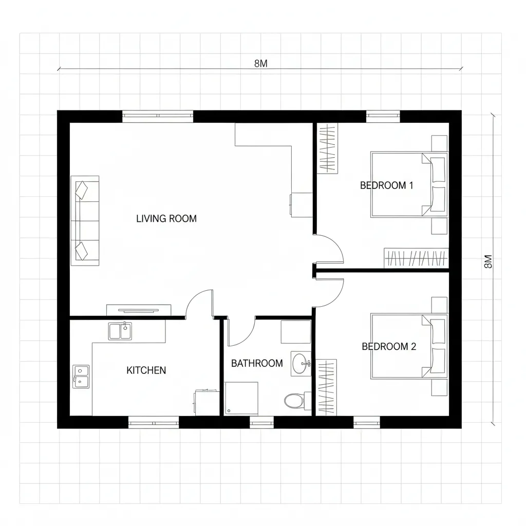 sơ đồ mặt bằng nhà cấp 4 ngang 8m với 3 phòng ngủ