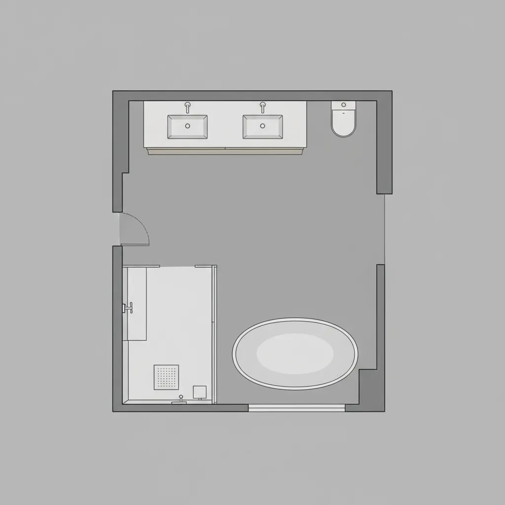 Top view floor plan of an 8x10 bathroom showing vanity toilet and shower placement
