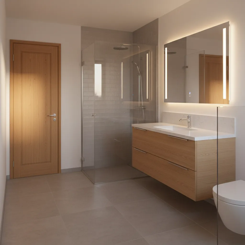 Modern 8x10 bathroom with single entry door, vanity, toilet and walk in shower