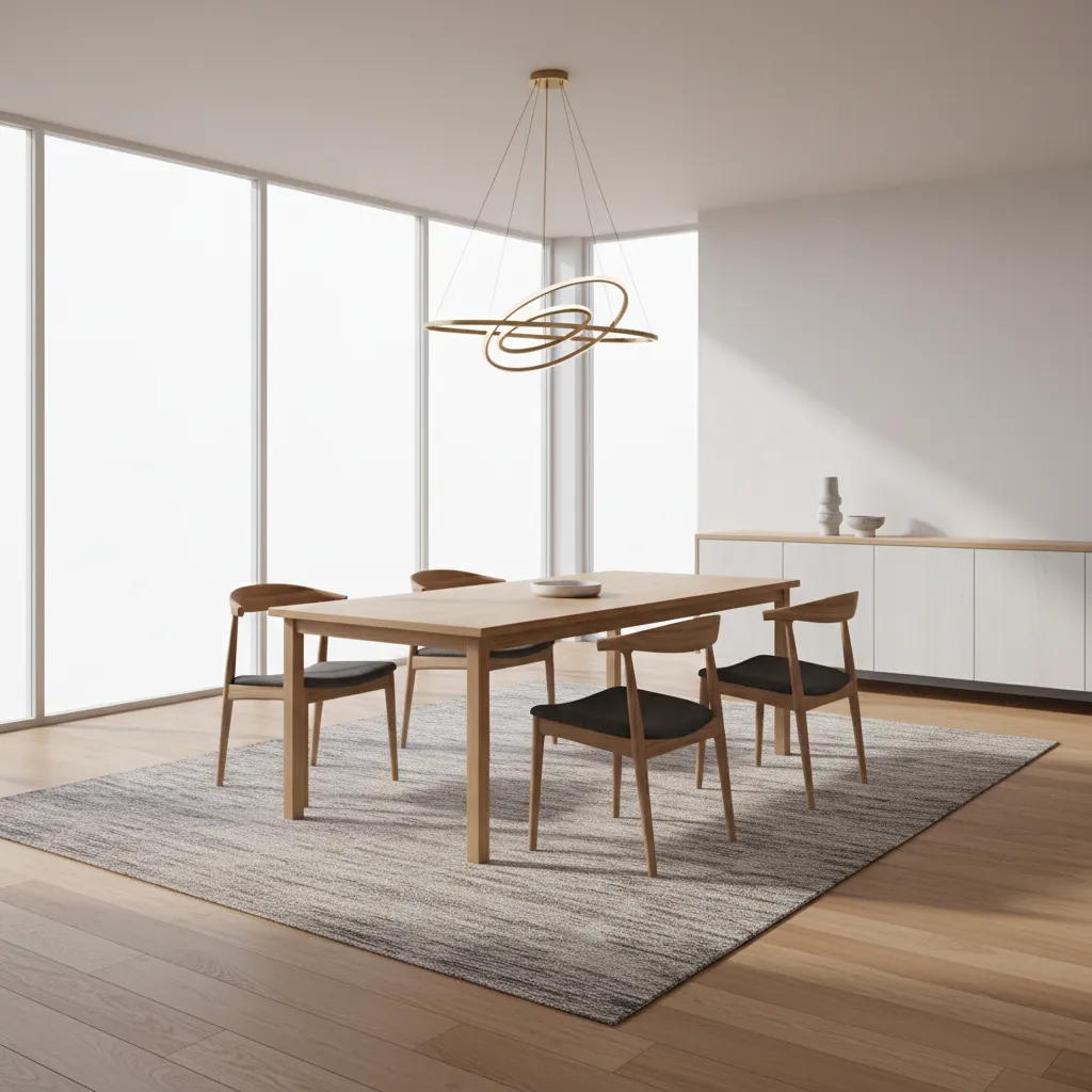 Large dining room with six chair table fully placed on an 8x10 rug