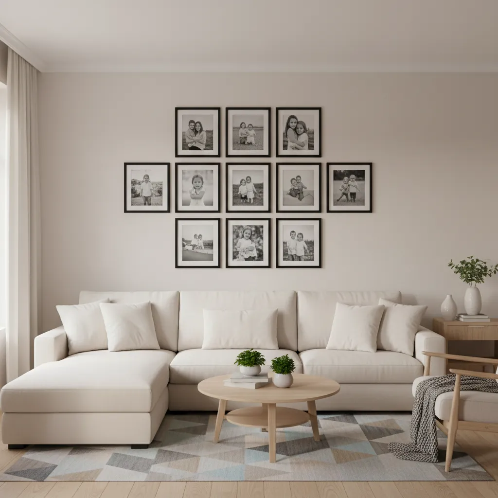 Living room wall decorated with multiple 8x10 frames arranged as a gallery wall