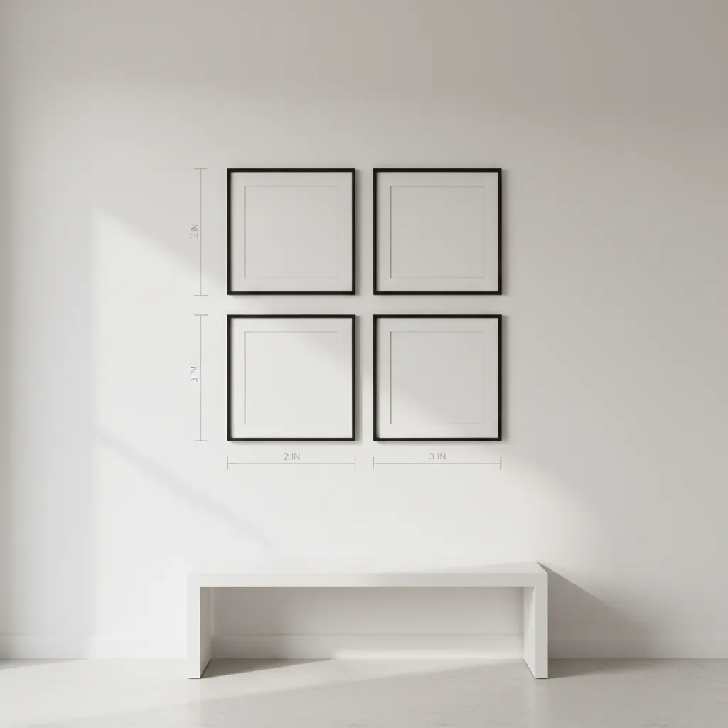Diagram showing spacing between 8x10 picture frames on a gallery wall