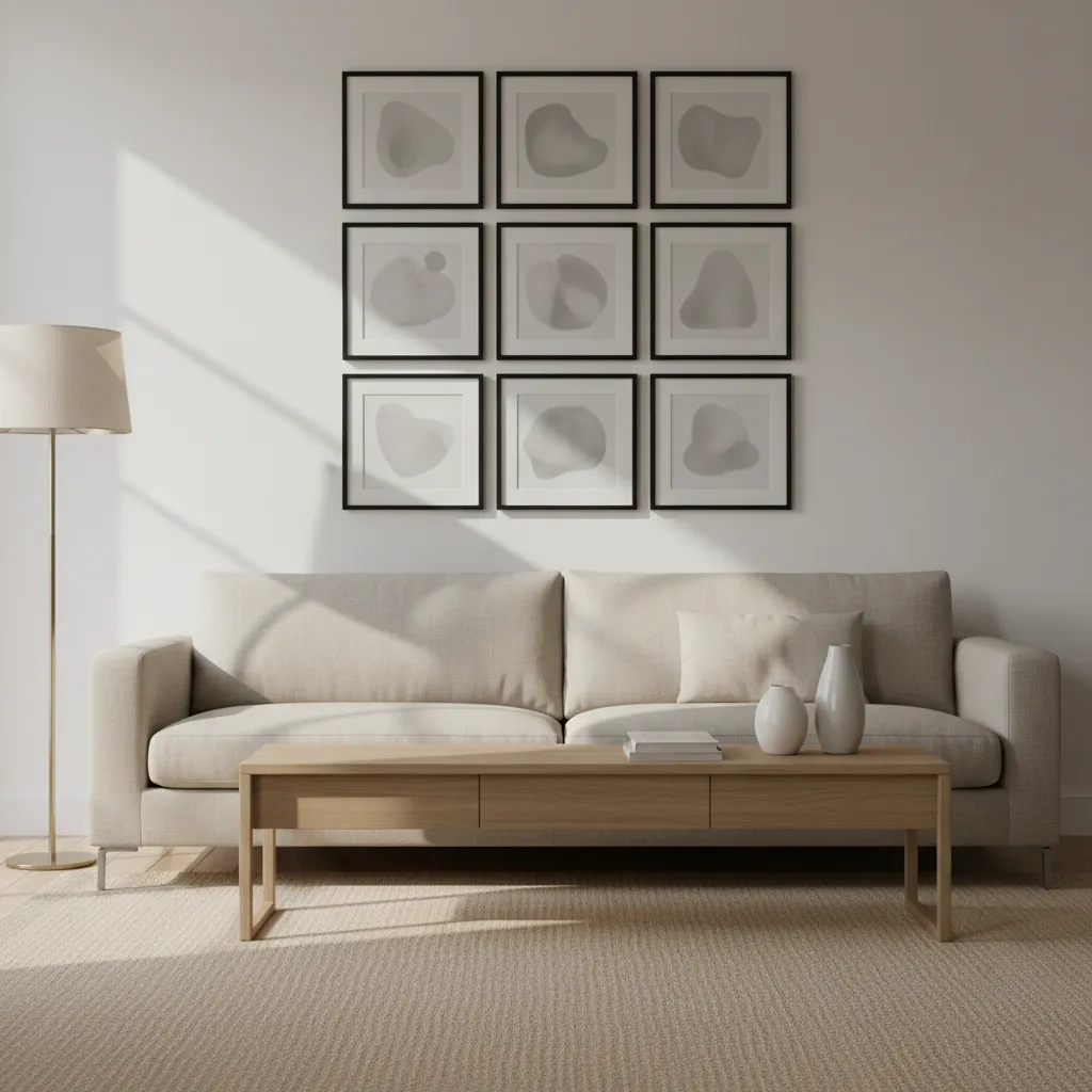 Structured grid layout using identical 8x10 frames above a modern sofa