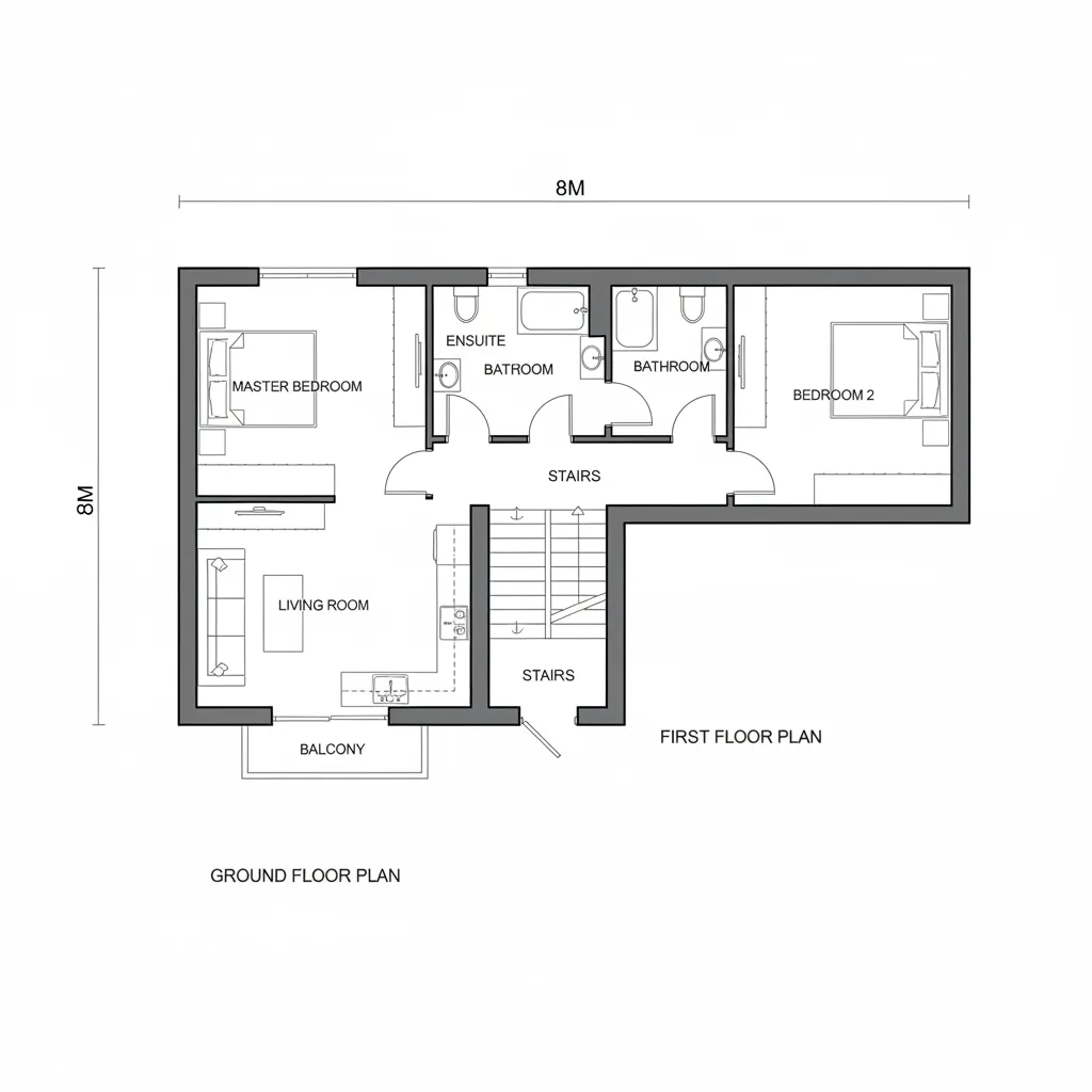 2D house floor plan showing master bedroom, living room, kitchen, two bathrooms, stairs, and balcony