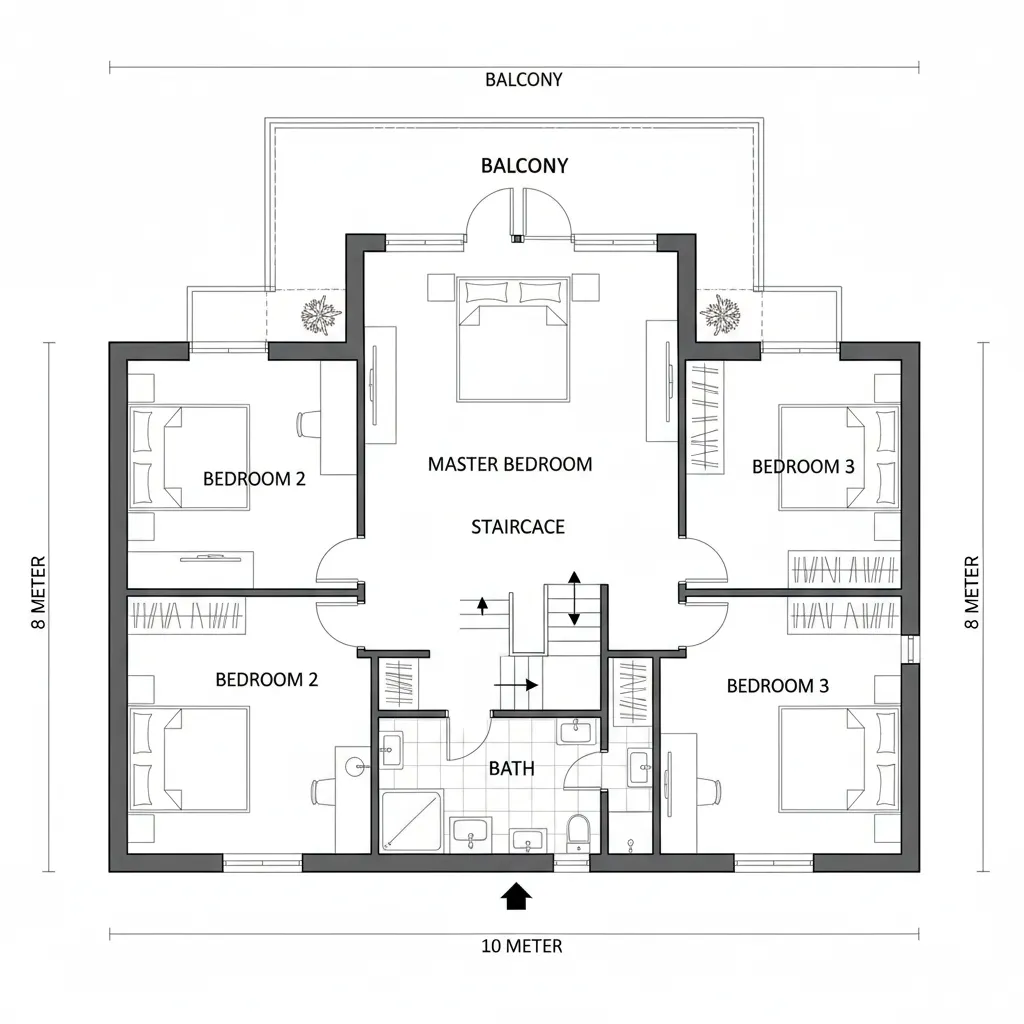 2D floor plan layout for a second floor with master bedroom multiple bedrooms and balcony
