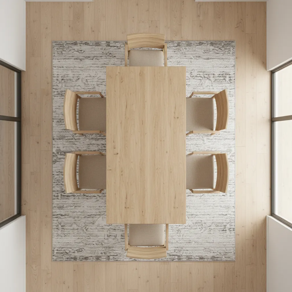 rectangular dining table placed on an 8 x 10 rug showing proper spacing for chairs
