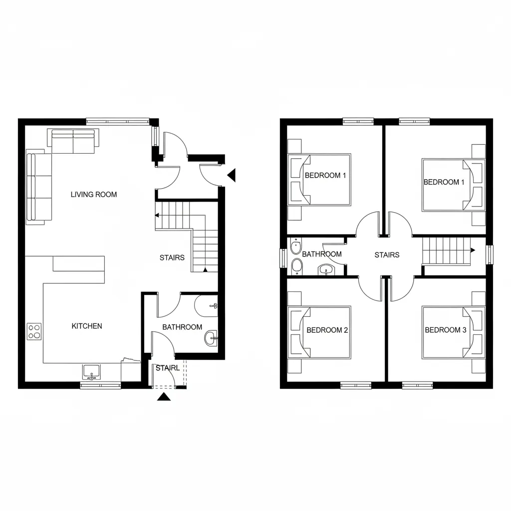 Two floor house plan showing living room kitchen and bedrooms with stairs connecting both levels clearly