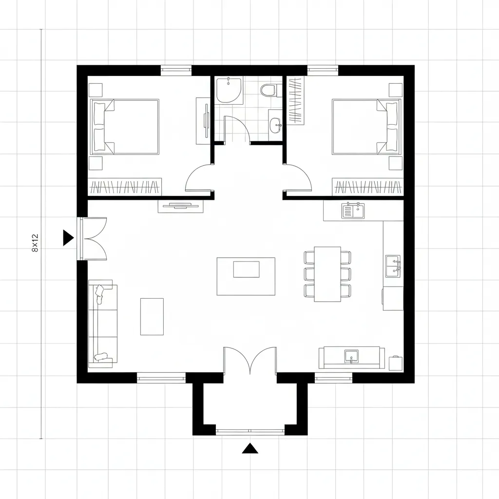 Sơ đồ bố trí công năng nhà 8m x 12m với phòng khách bếp và phòng ngủ