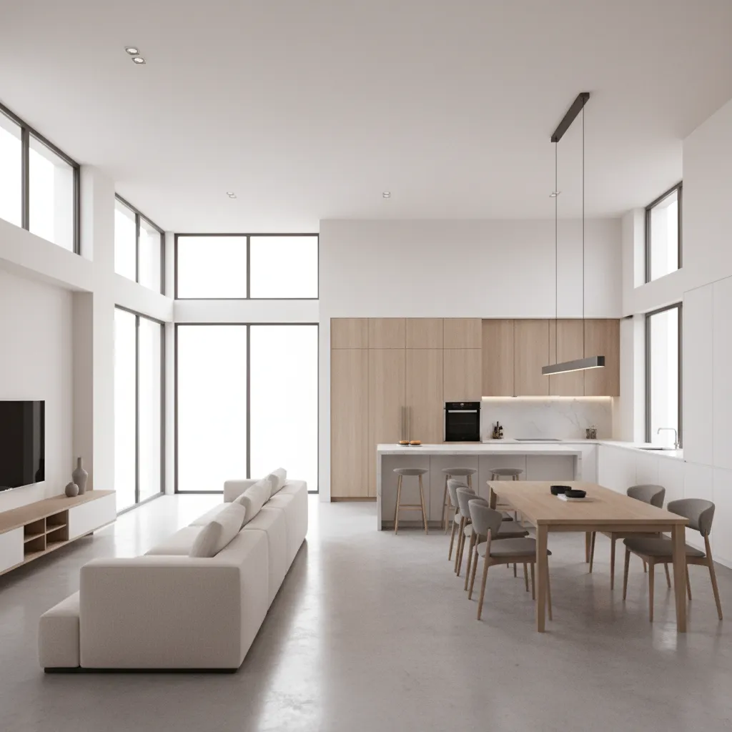 Không gian phòng khách và bếp mở trong nhà mặt tiền 8m sâu 12m