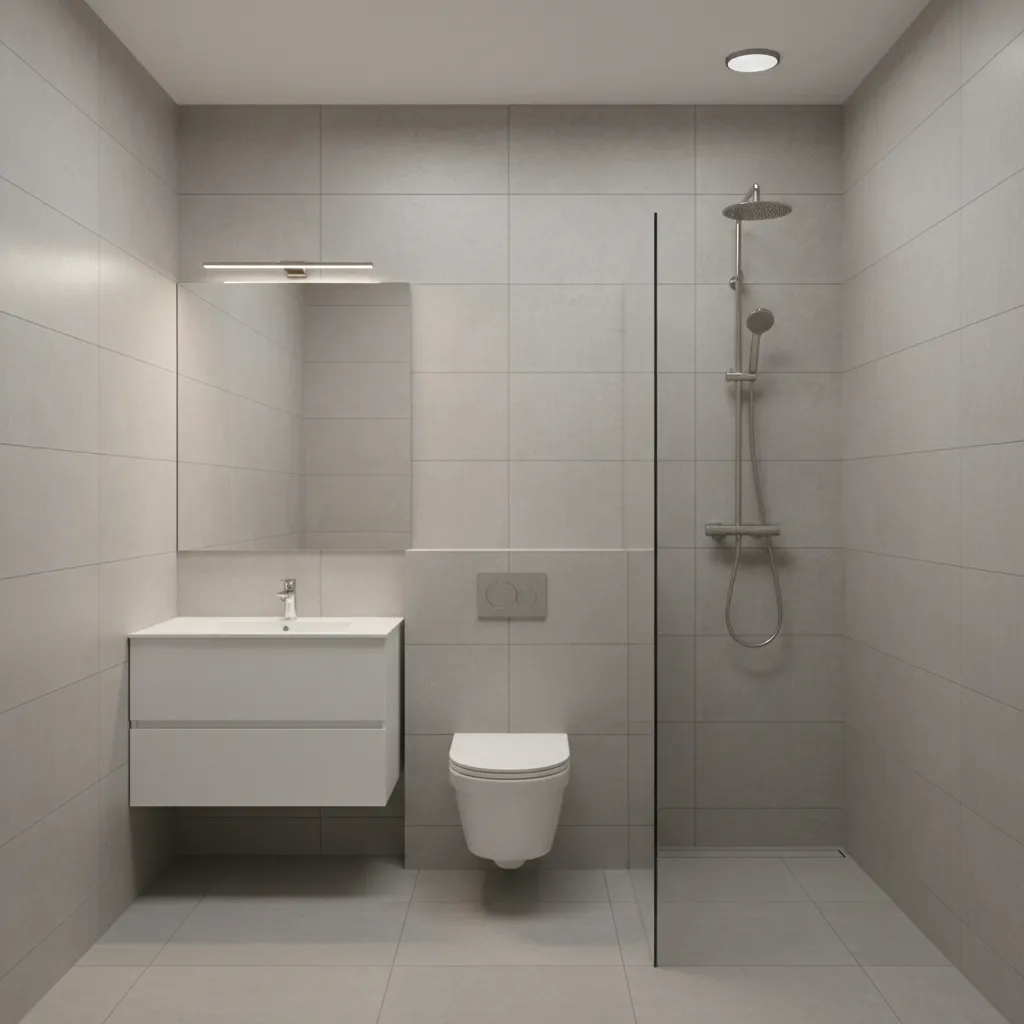 linear fixture layout in an 8x5 bathroom showing vanity toilet and shower alignment