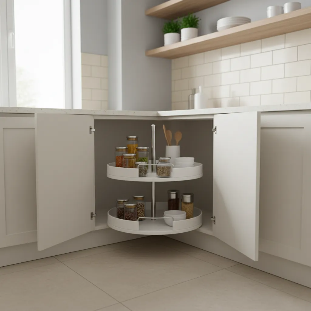corner cabinet storage solution in small modular kitchen