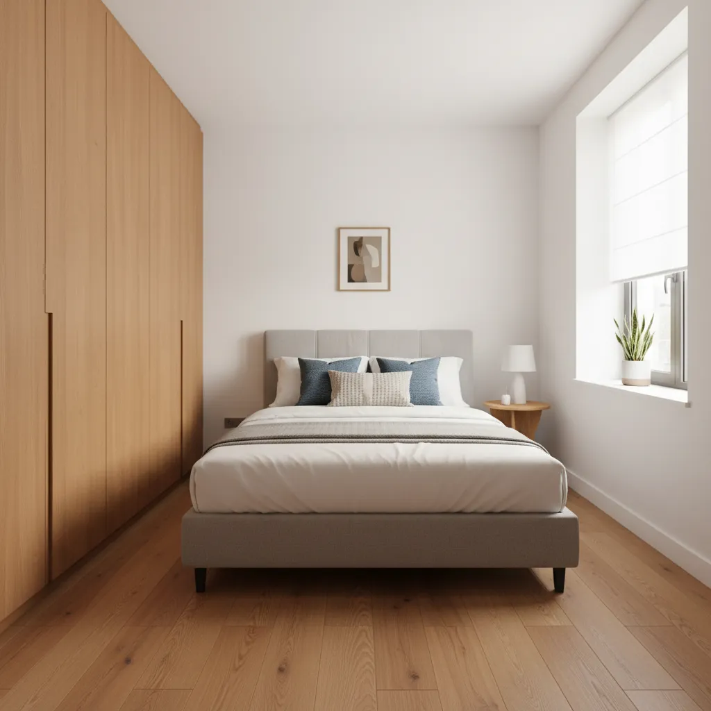 Minimalist bedroom with grey bed wooden wardrobe white walls wood floor and small side table