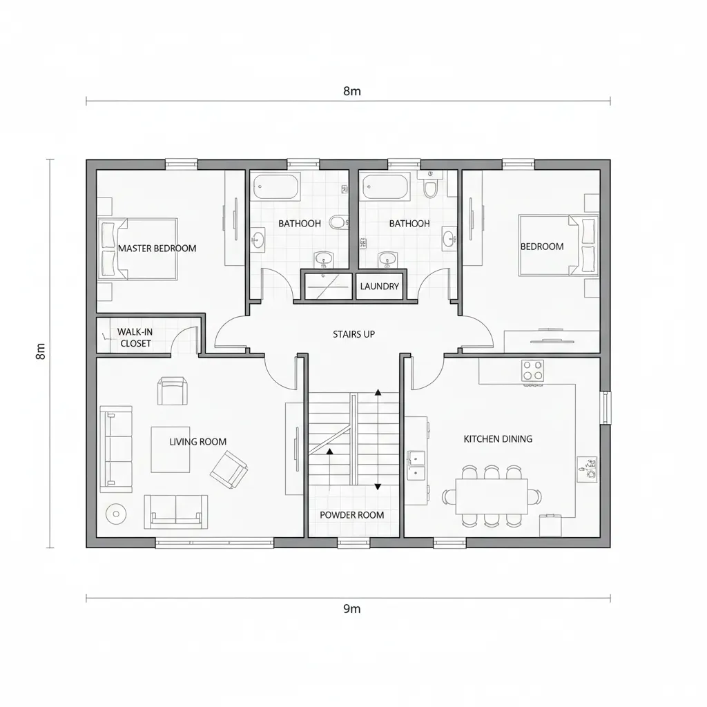 Simple 2D room layout showing two bedrooms two bathrooms kitchen dining area and living room