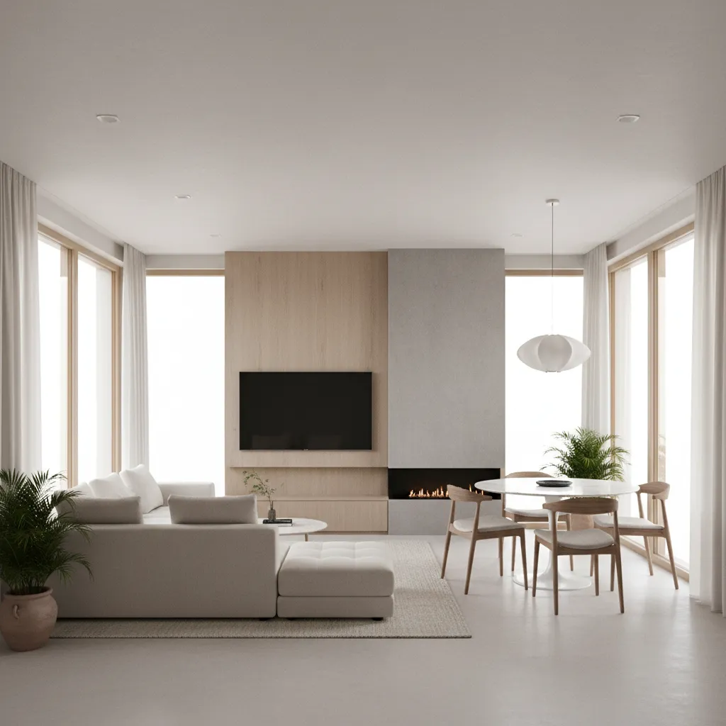 Modern living room with white sofa wooden wall fireplace round dining table and ceiling light